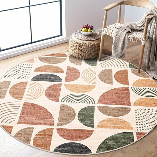 Round Rugs 5ft,Circle Area Rug Washable Non Slip Modern Abstract Boho | Circular Rugs for Bedroom Living Room Dining Room Throw Carpet Soft Low Pile Floor Indoor Bohemian Terracotta