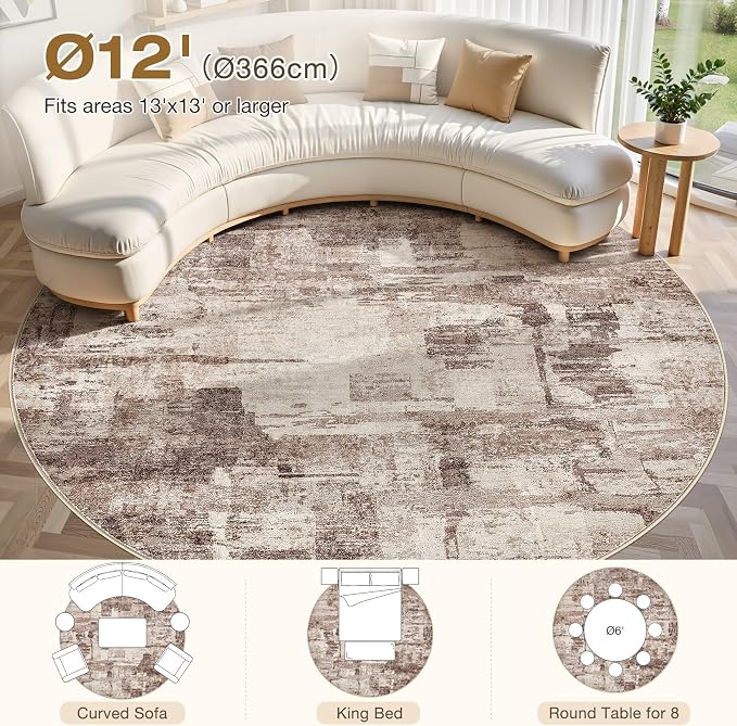 kakania Abstract 12x12 Round Rugs for Living Room: Circle Rugs 12FT Brown | Washable, Soft, Non-Slip, Low-Pile, Pet & Kid Friendly - Large Modern Home Decor Carpet for Bedroom/Dining Room/Nursery
