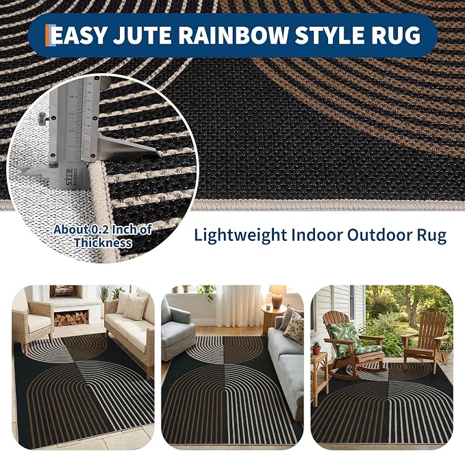 GarveeHome Modern Rainbow Easy Jute 3x5 Patio Rug, Washable Rugs for Entryway Farmhouse Non Slip Indoor Door Mat Carpet for Entry Mudroom Porch Decor