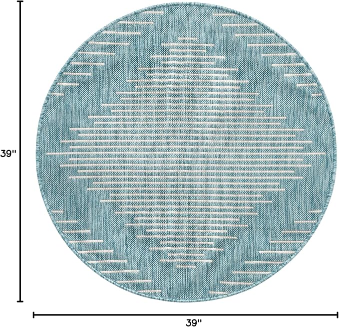 Unique Loom Outdoor Modern Collection Area Rug - Tambor (3' 3" Round, Light Aqua/ Ivory)