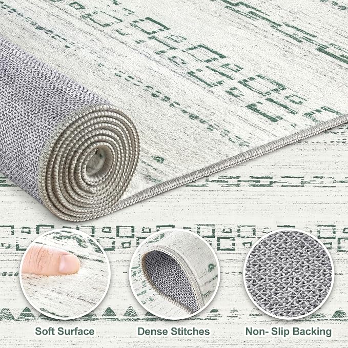 Nakagishi Boho 5x7 Area Rug Living Room Rugs Machine Washable Green | Soft, Pet & Kid Friendly, Carpet for Living Room/Bedroom/Office/Kitchen/Nursery, Daily Home Decor Stain Resistant Moroccan