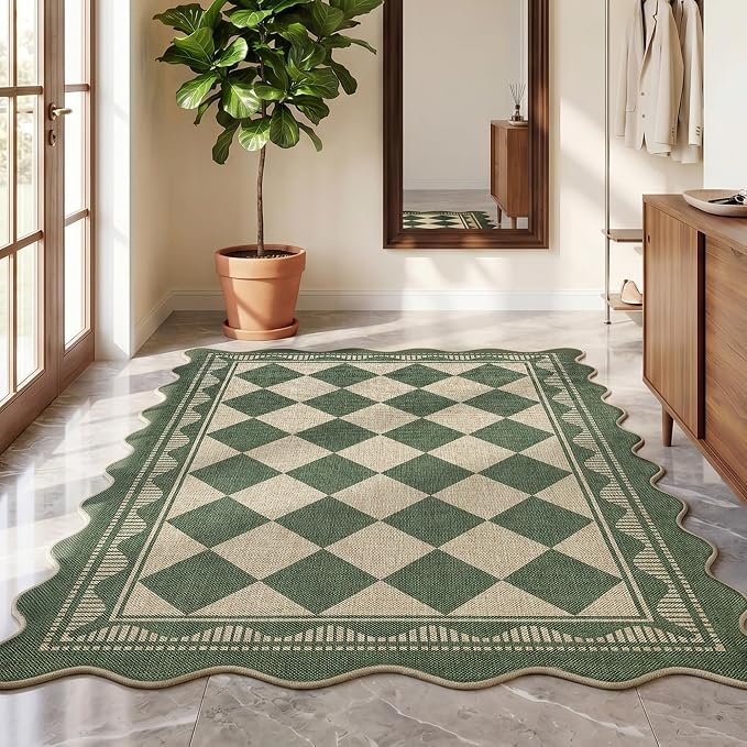 Garvee Easy Jute 8x10 Area Rug Scalloped Border Rugs for Living Room，Green | Indoor Outdoor Washable Rugs for Bedroom Non Slip Stain Resistant Low Pile Throw Rug for Dining Room Nursery