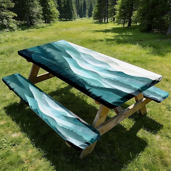 NYZE 3 Piece Picnic Cover Set Table Cover with Bench Covers, Elastic Edge Camping Tablecloth, Mountain Decorative Cover with Drawstring Bag, Camping Essentials for Outdoor Picnics, Patio, BBQ