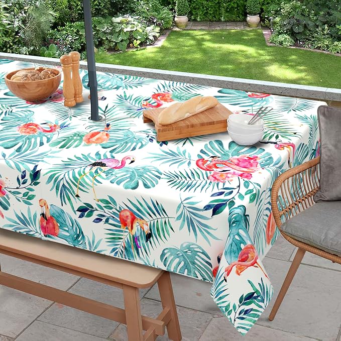 Outdoor Tablecloth with Umbrella Hole and Zipper, Rectangle Patio Table Covers for Spring/Summer, Machine Washable Outdoor Picnic Table Cloth (Flamingo, 60" × 102" Rectangular)