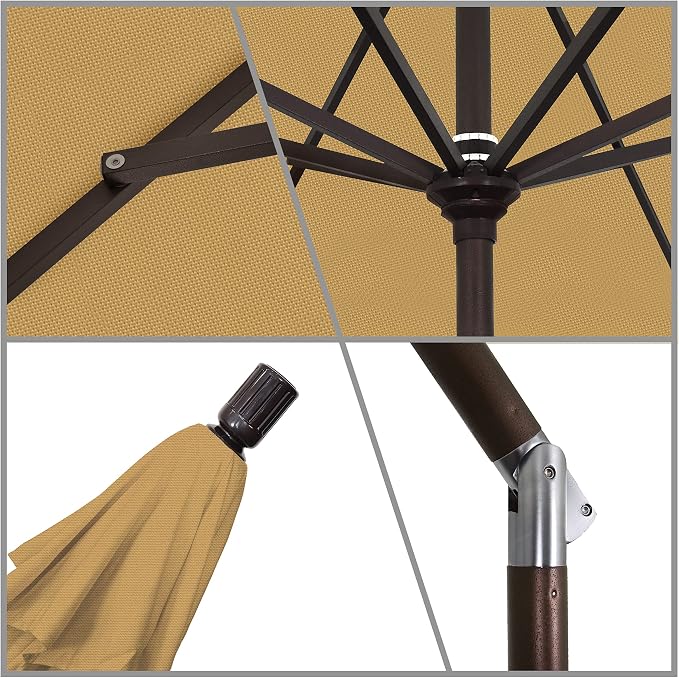 California Umbrella 9' Round Aluminum Market Umbrella, Crank Lift, Collar Tilt, Bronze Pole, Champagne Olefin