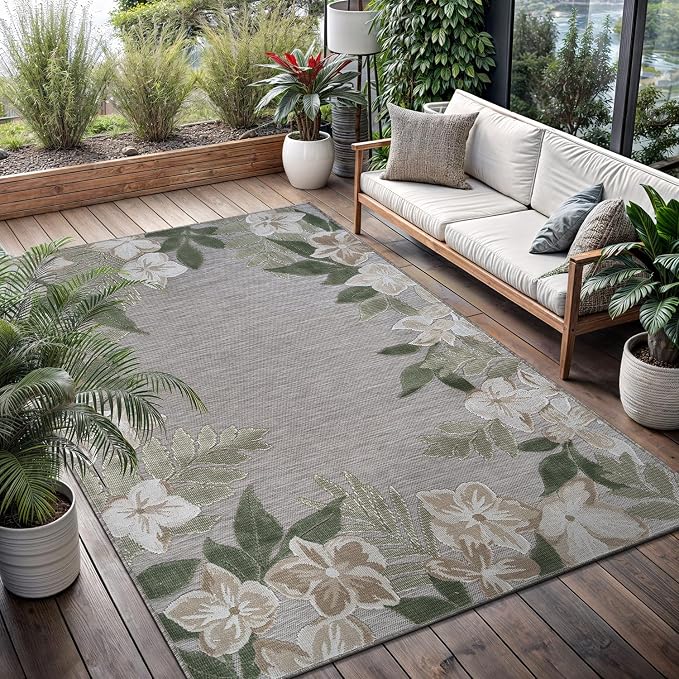 Outdoor Rug 8x10 Washable Area Rugs Indoor Outdoor Carpets Green Border Floral Non Shedding Waterproof Easy Clean Patio Deck Porch Living Room Bedroom Garden RV (8 X 10 Green)