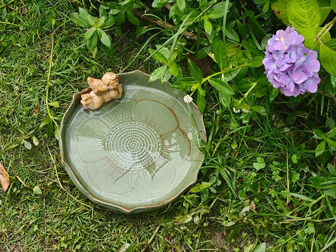 9.45inch Ceramic Ground Bird Bath Bowl for Outside, BirdBath Bowl Only, Ground Bird Feeders and birdbath for Outdoors, Tabletop，Balcony and Garden(Angel)