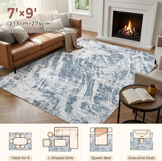 DMOYEST 7x9 Area Rug for Living Room Washable Abstract Indoor Carpet | Neutral Modern Low Pile Rugs Kid & Pet Friendly Large Soft Thin Carpet for Bedroom Dining Room and Office - Blue Light