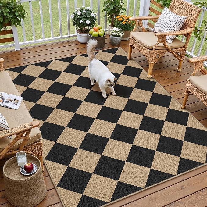 PureCozy 3x5 Checkered Easy Jute Outdoor Patio Rug Washable Area Rugs for Living Room Entryway Diamond Indoor Outdoor Mat Farmhouse Neutral Non Slip Black Door Carpet for Backyard Bedroom