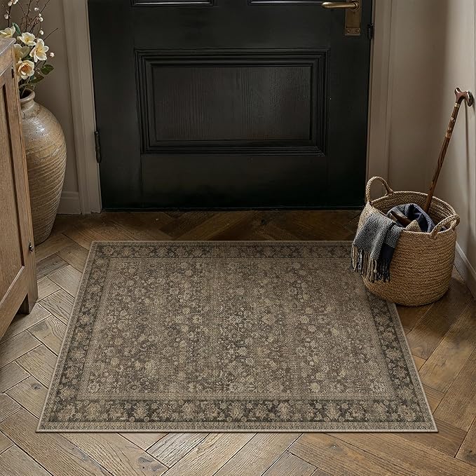 HUGEAR 2x3 Indoor/Outdoor Rug Brown Linen-Look Fabric Vintage Area Rug High Traffic Stain Resistant Easy Clean Durable Rugs for Living Kitchen Patio Deck Balcony Porch Garden Courtyard