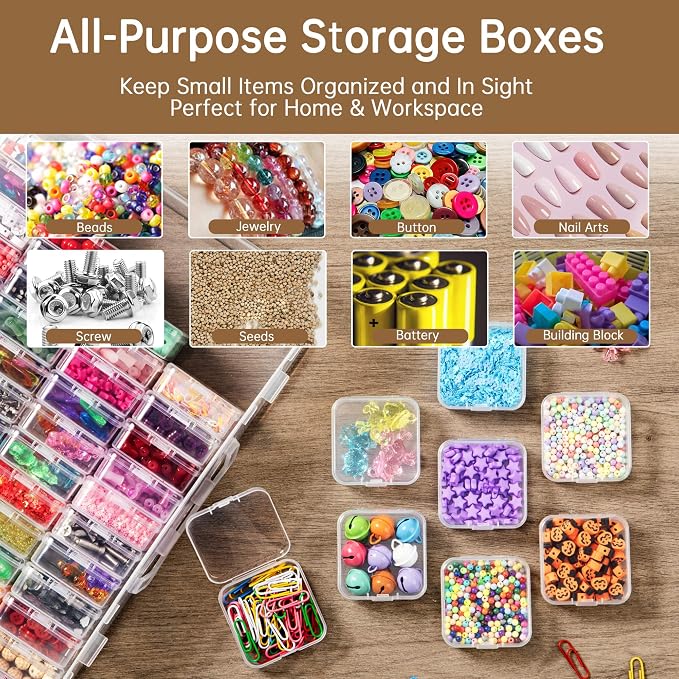 Bead Organizer Box, 60 Pack Small Clear Storage Boxes with Labels, Large Travel Craft Case with Handle, Mini Plastic Containers for Jewelry Making Diamonds DIY Pony Bracelet Screws Seeds Small Parts