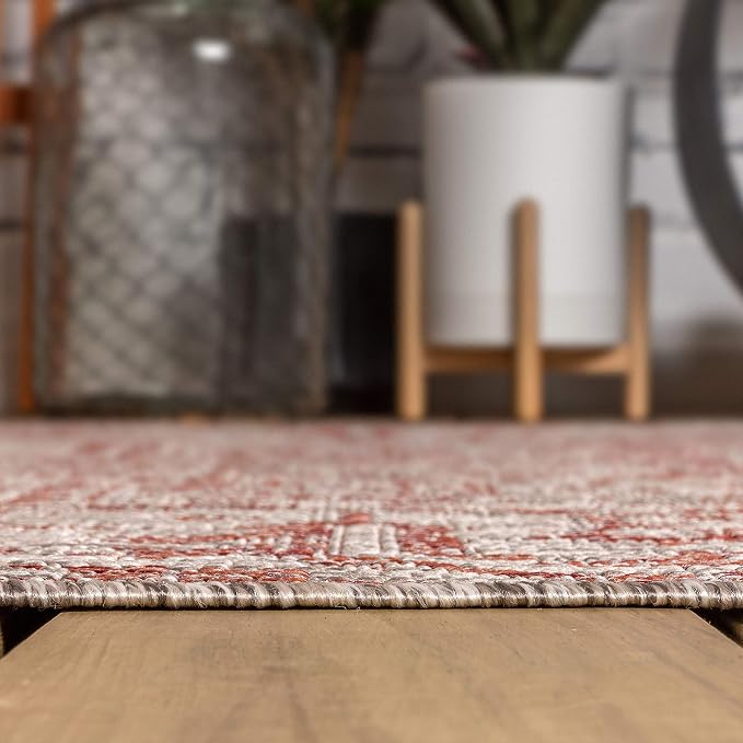 JONATHAN Y Boho Medallion Indoor Outdoor Round Area Rug 6 Ft Red/Taupe, Estrella Textured Weave for Backyard, Patio, Porch, Easy-Cleaning, High Traffic, Pet-Friendly, Non-Shedding (SMB105A-6R)