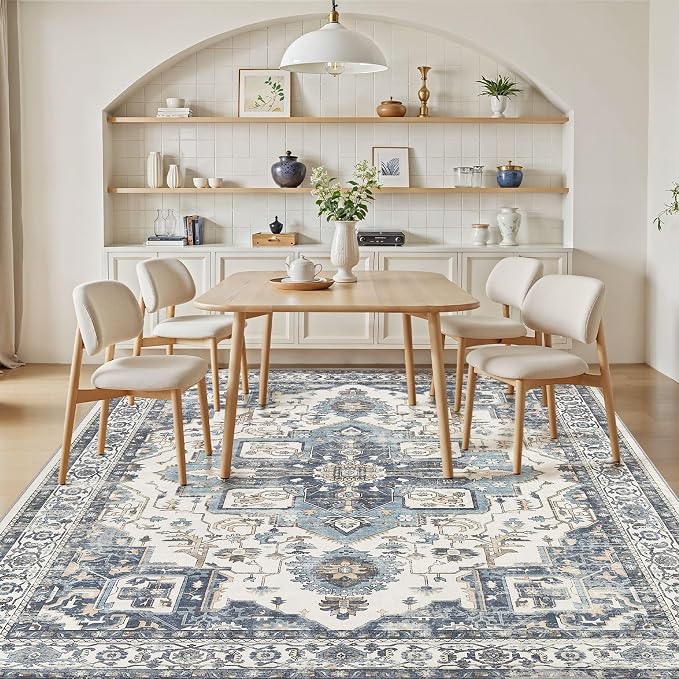 Vintage Washable 7x9 Area Rug for Living Room, Vintage Blue | Soft Low Pile Rug with Non-Slip Backing, Stain Resistant for Bedroom or Dining Room, Kid & Pet Friendly