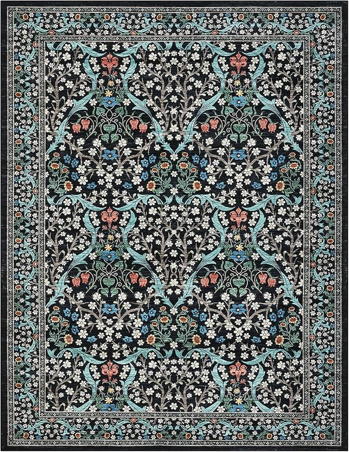 GarveeHome 4x6 Washable Area Rug for Living Room, Floral Large Entryway Kitchen Rug Non Slip, Ultra Soft Stain Resistance Carpet for Bedroom Laundry Room, Black