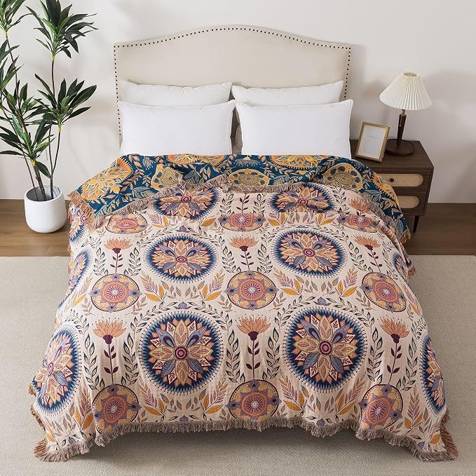 Phuryllic Boho Throw Blanket Queen Size, Soft Cozy Cotton Muslin Quilt Blanket for Bed Decor, Floral Patterned Couch Sofa Chair Cover, Vintage Farmhouse Cottage Tapestry Woven Blanket, Beige&Blue