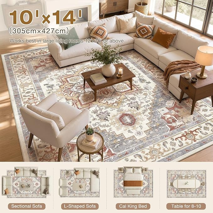 DTICON Vintage Washable 10x14 Area Rug Living Room Rugs, Orange Gray | Boho Distressed, Pet & Kid Friendly, Non-Slip Backing, Soft Polyester, Low-pile Carpet for Living Room, Bedroom, Dining Room