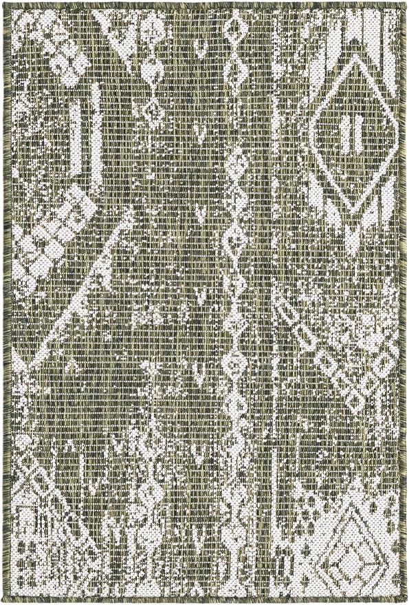 Unique Loom Outdoor Bohemian Collection Area Rug - Anthro (2' x 3' 1" Rectangle, Green/ Ivory)