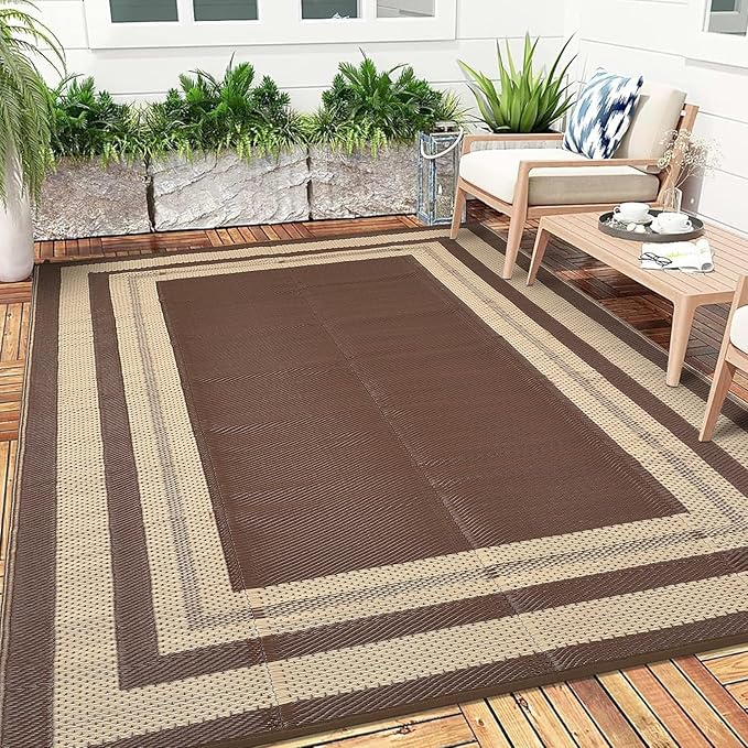 Garvee 8x10 Outdoor Rug Waterproof Plastic Straw Rug Outdoor Patio Rugs Reversible Mat Easy Clean Foldable Lightweight Large Area Rugs for Patio Porch Backyard Camping RV Beach Balcony Panel Coffee