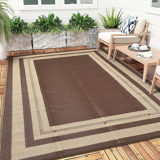 Garvee 8x10 Outdoor Rug Waterproof Plastic Straw Rug Outdoor Patio Rugs Reversible Mat Easy Clean Foldable Lightweight Large Area Rugs for Patio Porch Backyard Camping RV Beach Balcony Panel Coffee