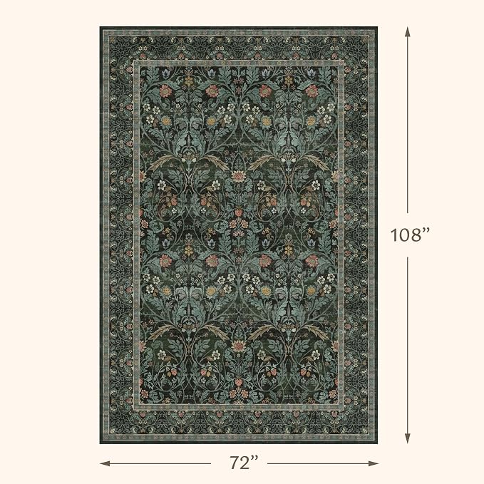 Washable Rugs for Living Room Dining Room 6x9 Stain Resistant - Non Skid Floral Area Rug, Low Pile & Soft Bedroom Under Bed Carpet, Botanical Funky Dark Green Mats