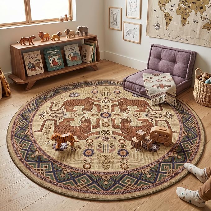 GarveeHome Tiger Round Area Rugs Boho Kids Room Non Slip Washable Vintage | 6ft Camel Animal Print Circle Rugs, Tribal Floor Carpet for Dining Room Entryway Nursery Playroom Office