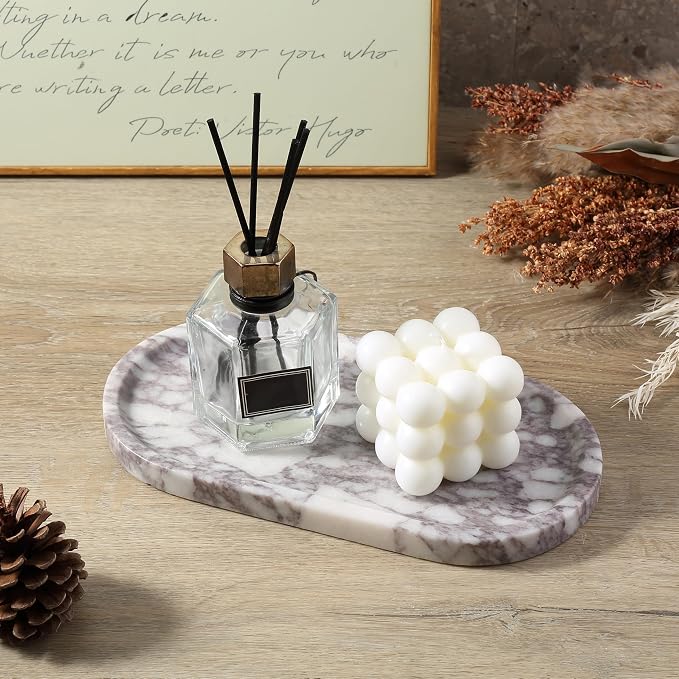 Koville Real Luxurious Natural Marble Vanity Tray, 10"x5" Calacatta Viola Marble Catchall Tray for Bathroom, Stone Perfume Trays Jewelry Dish for Dresser, Genuine Stone Storage Tray for Home Decor