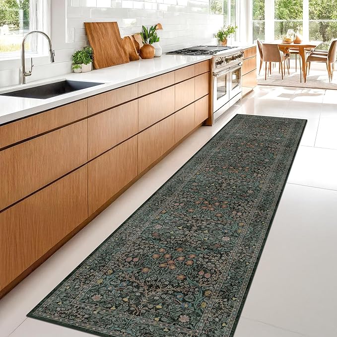 Dark Green Washable 2x8 Runner Rug Non Slip for Kitchen, Hallway, Entryway Indoor, 8ft Long Rubber Backed Low Pile Carpet Runners - Stain Resistant Vintage Floor Décor