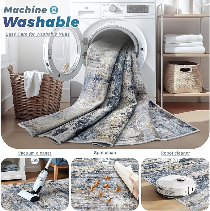 pmtsns Area Rugs 8x10 for Living Room: Washable Rug Modern Abstract Neutral Soft Non-Slip Low-Pile Indoor Large Carpet for Bedroom Dining Room Playroom Home Office (Blue Grey Brown, 8'x10')