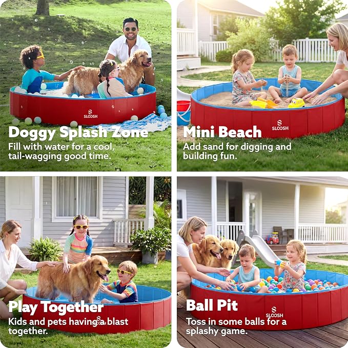 SLOOSH Foldable Dog Kiddie Pool - Portable Hard Plastic Doggie Swimming Pool, Anti-Slip Collapsible Pets Bath Tub Suitable for Kids Toddler Indoor Outdoor Backyard Use (Red, 63" x 12")