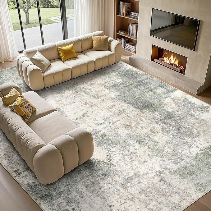 Tortania Washable 9x12 Area Rug for Living Room: Modern Abstract Neutral Large Soft Thin Rugs - Non Slip Indoor Carpet for Bedroom Dining Room Office Nursery Home Floor Decoration - Gray Green