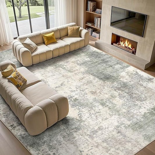 Tortania Washable 8x10 Area Rug for Living Room: Modern Abstract Neutral Large Soft Thin Rugs - Non Slip Indoor Carpet for Bedroom Dining Room Office Nursery Home Floor Decoration - Gray Green