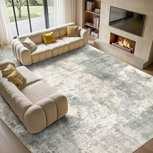 Tortania Washable 12x18 Area Rug for Living Room: Modern Abstract Neutral Large Soft Thin Rugs - Non Slip Indoor Carpet for Bedroom Dining Room Office Nursery Home Floor Decoration - Gray Green