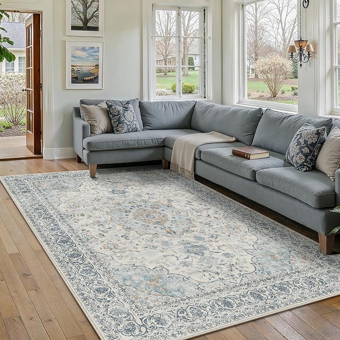 6x9 Washable Area Rug Navy Blue Non Slip Vintage Carpet | Low Pile, Stain Resistant, Living Room, Bedroom, Nursery, Office, Playroom, Dining Room, Soft, Large, Lightweight
