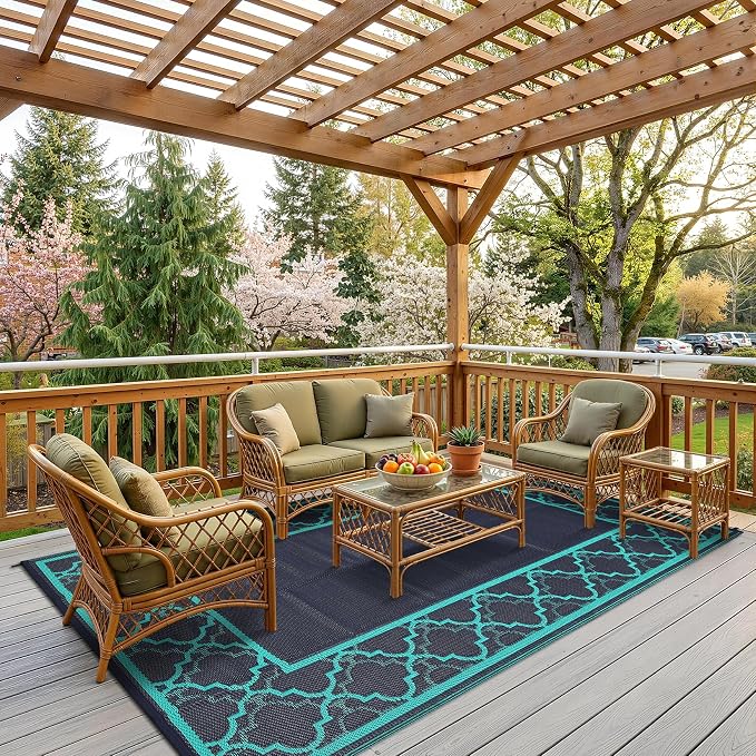 Garvee Reversible Outdoor Rug 9x12, Waterproof Outdoor Plastic Straw Rug with Interlacing Pattern, RV Mat for Picnics, Patio, Camping, Balcony, Deck, Backyard, Porch, Navy