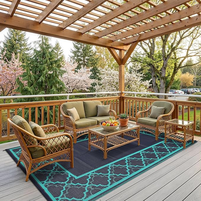 Garvee Reversible Outdoor Rug 5x8, Waterproof Outdoor Plastic Straw Rug with Interlacing Pattern, RV Mat for Picnics, Patio, Camping, Balcony, Deck, Backyard, Porch, Navy