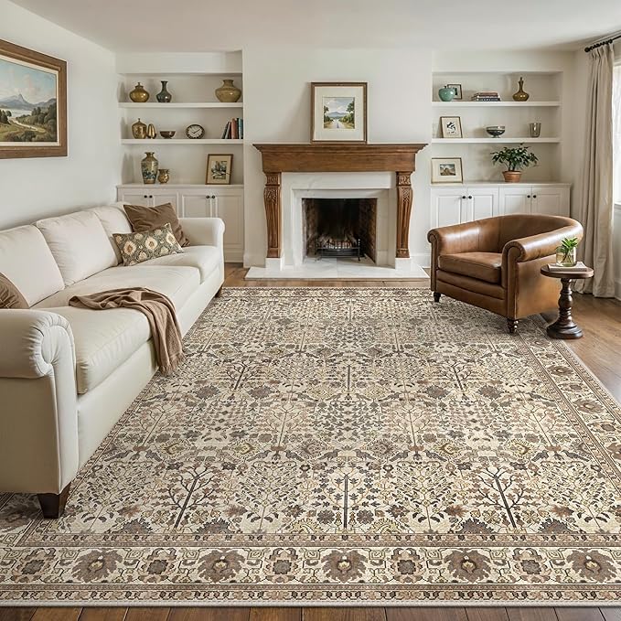 Washable Rugs 8x10 for Living Room, Vintage Floral, Dark Espresso | Spill Resistant, Lightweight, Low Pile Non-Shedding Carpet for Bedroom, Dining Room and Office