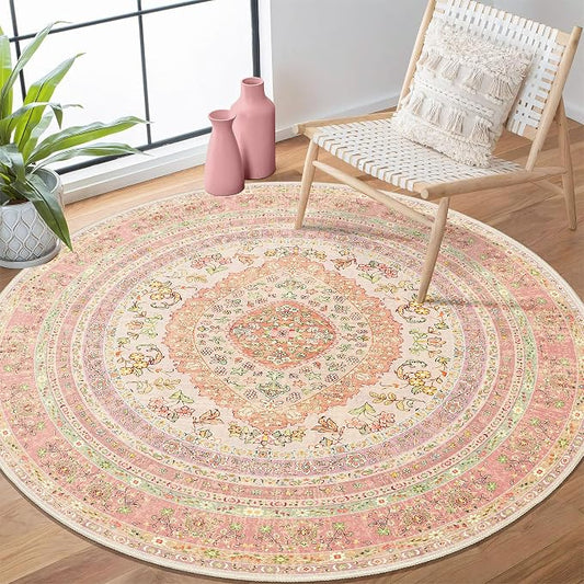 Round Area Rugs 4ft Washable,Pink Rug for Living Room Bedroom | Circle Boho Vintage Bohemian Distressed Farmhouse Carpet Non Slip for Dining Room,Blush Floral