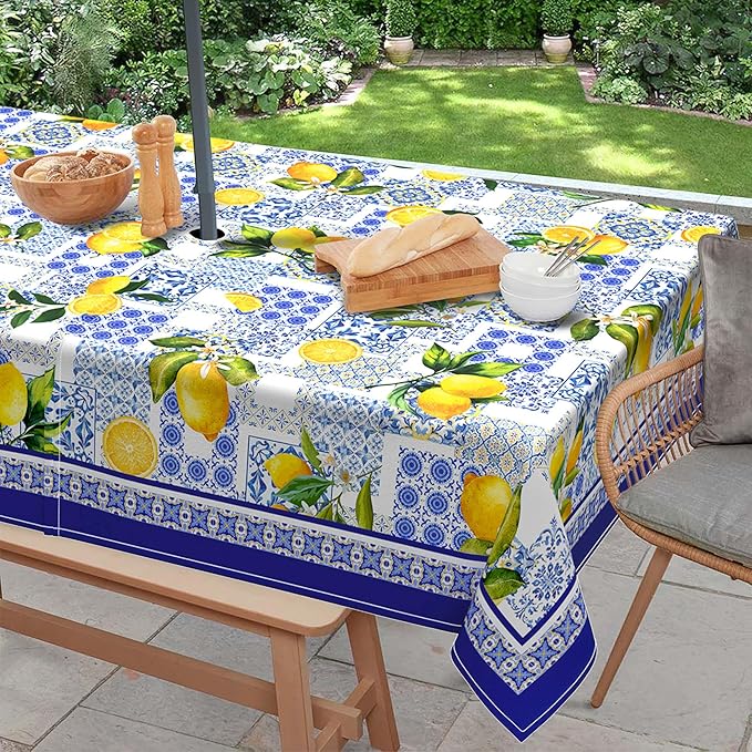 Outdoor Tablecloth with Umbrella Hole and Zipper, Rectangle Patio Table Covers for Spring/Summer, Machine Washable Outdoor Picnic Table Cloth (Mediterranean, 60" × 120" Rectangular)