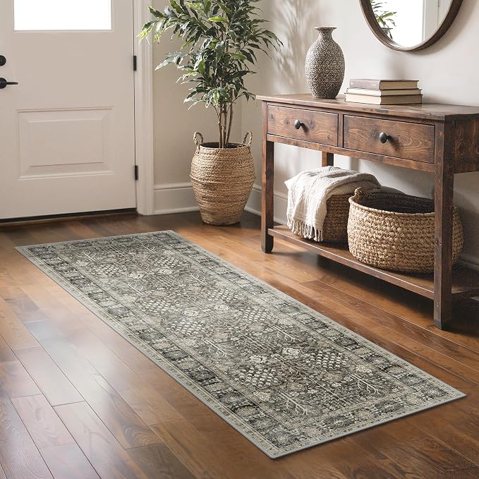 2.5x6 Kitchen Runner Rug, Washable Non Slip, Beige Brown | Vintage Floral Design, Spill Resistant Lightweight Low Pile Carpet for Hallway, Bedroom, Laundry Room, Bathroom