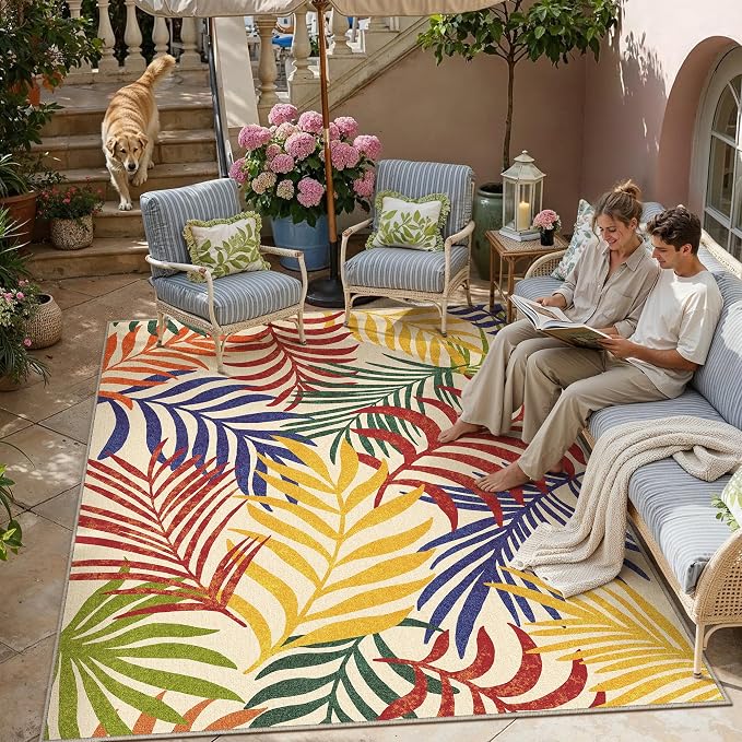 8x10 Indoor Outdoor Area Rug Washable Patio Rug Multicolored Non Slip Non Shedding Waterproof Carpet for Living Room Bedroom Camping Porch Backyard Camping RV Balcony Poolside Deck