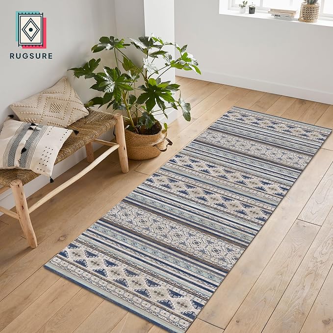 Washable Area Rugs 2'6'' x 8' - 1/6 Thick - Moroccan-Inspired -Stain & Water Resistant Non-Slip - Resistant Rug for Living Room, Bedroom, Nursery, Pet & Child Friendly (Blue and Brown)