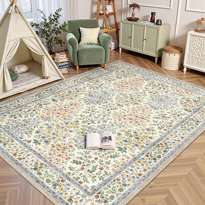 6x9 Area Rugs, Washable Floral Area Rugs for Living Room, Indoor Area Rug for Bedroom, Dining Room, Low Pile Non-Slip Non Shedding Rug(Beige Floral)