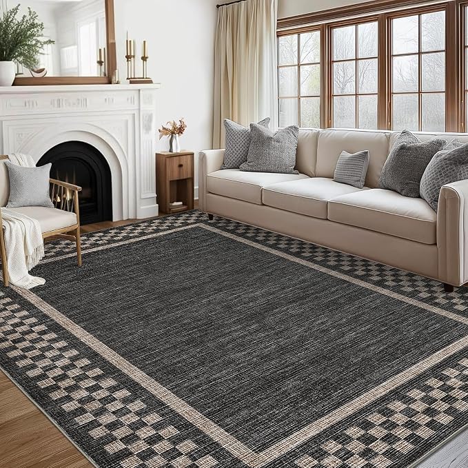 GarveeHome 4x6 Rug Small Washable Living Room Rug Modern Bordered Area Rugs | with Rubber Backing Soft Non Slip Low Pile Dining Room Throw Carpet Checkered Geometric Mats for Bedroom Kitchen, Black