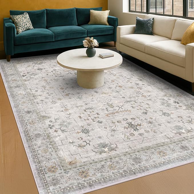 Vintage Boho Living Room Rug 7x9 - Soft Light Gray & Sage Area Rugs for Dining Under Table, Washable Low Pile Non-Slip Large Bedroom Carpet, Modern Eclectic Geometric Neutral Floral Decor