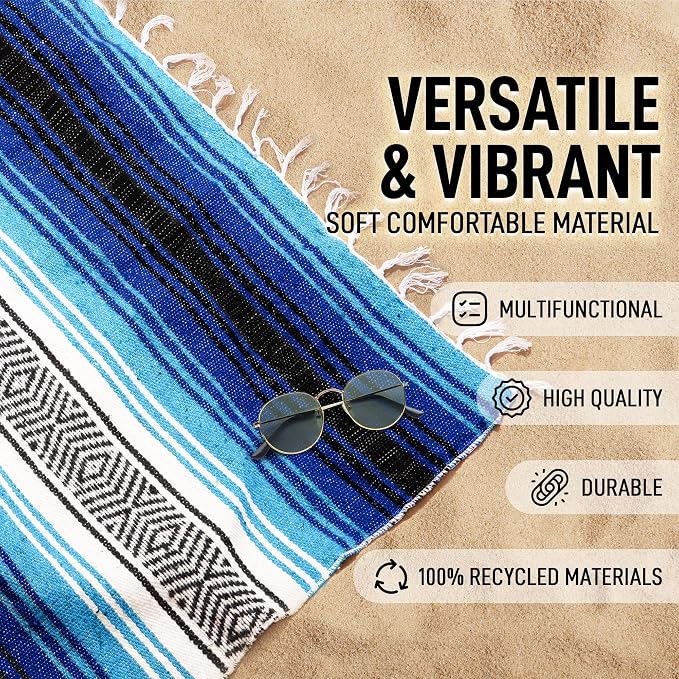 Authentic Extra Large Mexican Blanket - Handwoven Yoga, Serape, Artisanal Falsa, Beach, Camping, Picnic, Outdoor Blanket (King Turquoise)