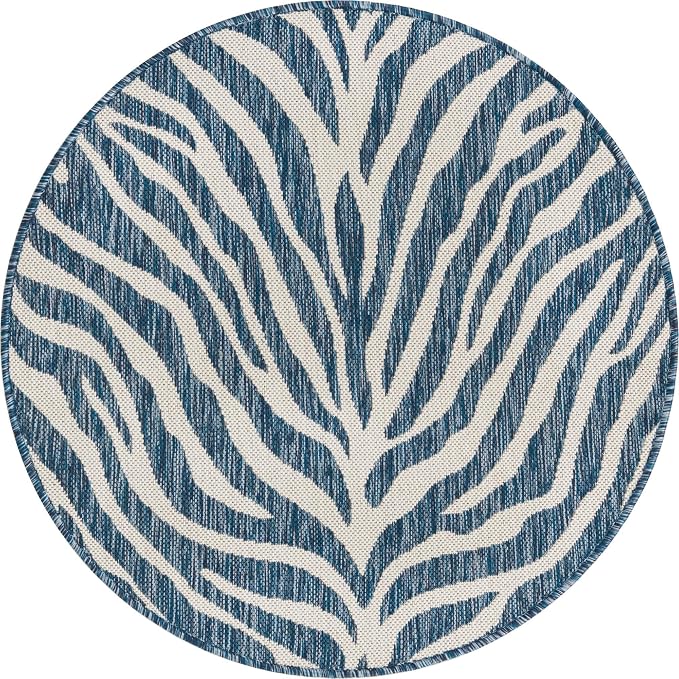 Unique Loom Outdoor Safari Collection Area Rug - Tsavo (3' 1" Round, Blue/ Ivory)