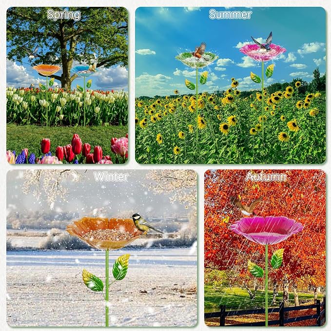 4 Pack Bird Baths for Outdoors, Colorful Metal Bird Bath for Outside, Hummingbird Bath with Five Stakes, Garden Flower Small Birdbath for Garden Decor (Red,Yellow,Blue,Green)