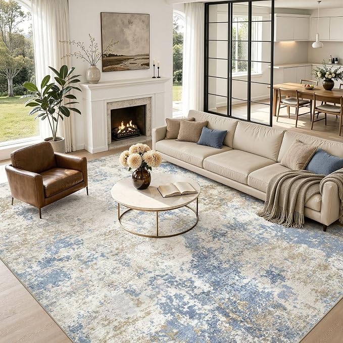 Nakagishi 10X12 Abstract Washable Area Rugs for Living Room-Blue Brown | Modern Non-Slip Silicone Backing Low Pile Soft Carpet for Bedroom Dining Decor Ideal for Families with Kids and Pets
