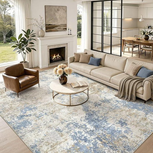 Nakagishi 10X12 Abstract Washable Area Rugs for Living Room-Blue Brown | Modern Non-Slip Silicone Backing Low Pile Soft Carpet for Bedroom Dining Decor Ideal for Families with Kids and Pets