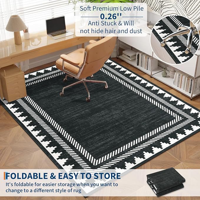 GarveeHome Washable Area Rug 8x10 Modern Neutral Living Room Rug Black Non Slip,Border Geometric Carpet for Bedroom,Soft Non Shedding Solid Rugs Low Pile Carpet for Farmhouse Dining Room Office